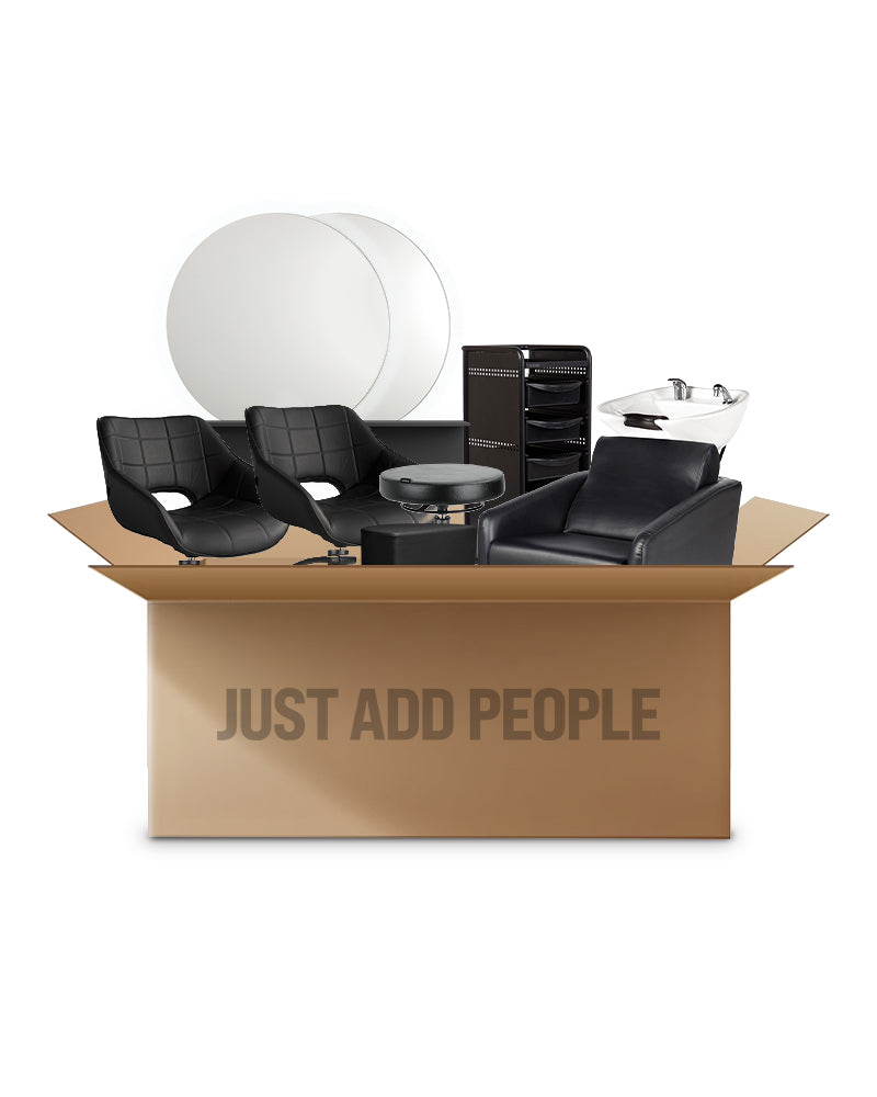 Sort frisør startpakke - med 2 kundepladser, 1 vaskeplads og udstyr